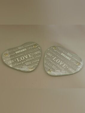 Pair Of Heart Glass‎ Coasters Valentines Day Romance Modern Bridal Non-slip Feet